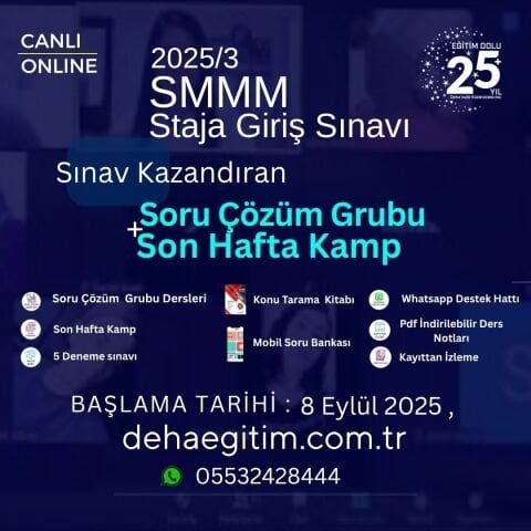 2025/3. Dönem SMMM Staja Giriş Sınavına Hazırlık Soru Çözüm + Kamp+ Videolu Eğitim (FULL PAKET)