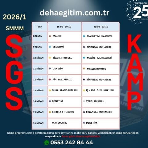 2026/1. Dönem SMMM SGS (Staja Giriş Sınavı) Kamp Programı Dersleri