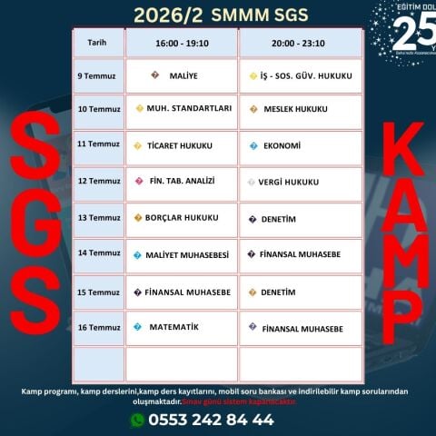2026/2. Dönem SMMM SGS (Staja Giriş Sınavı) Kamp Programı Dersleri